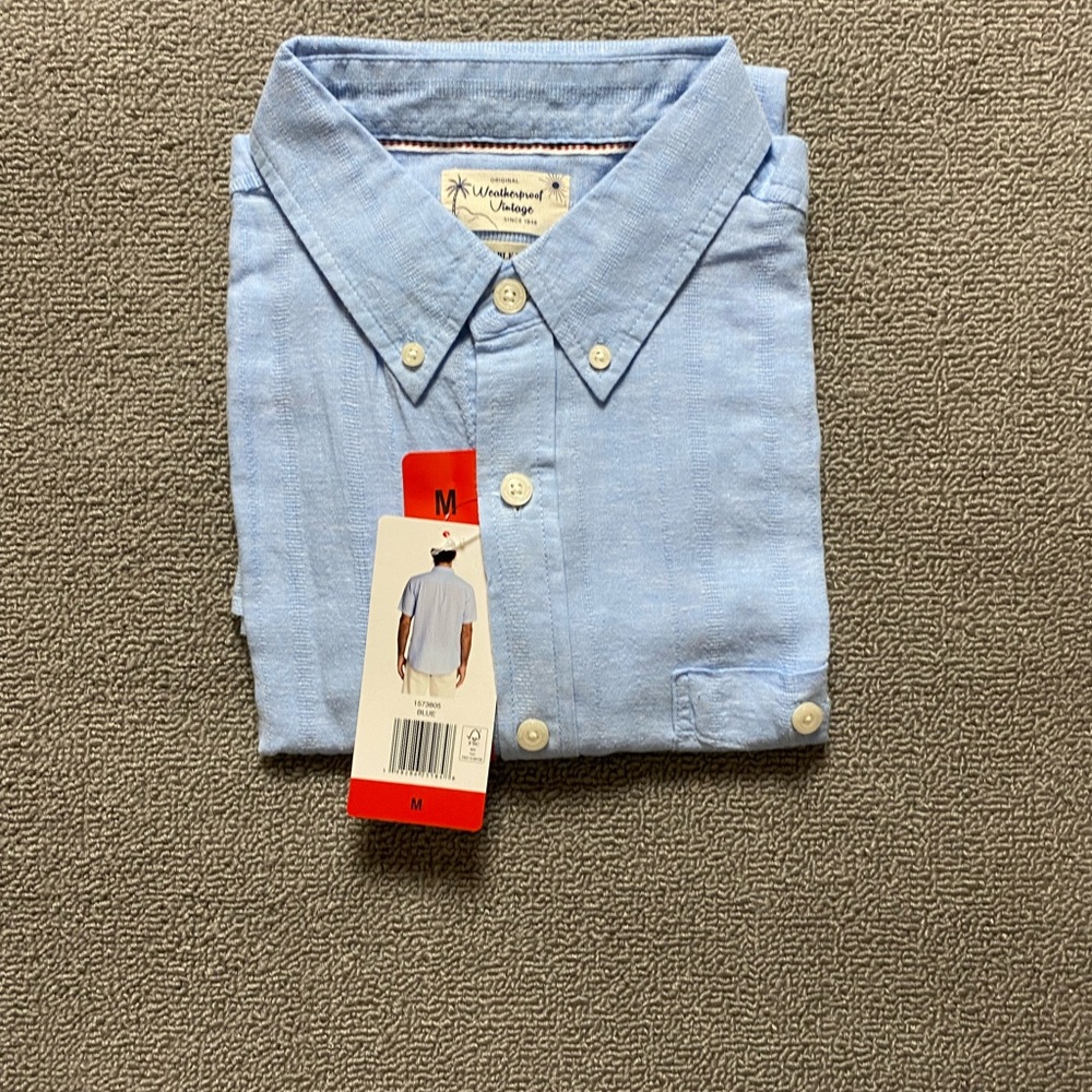 Weatherproof Vintage Men’s Medium Light Blue Button Up Shirt- Linen Cotton Blend